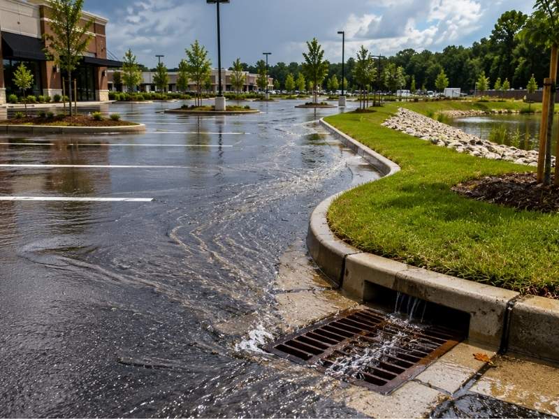 Commercial parking lot with properly graded pavement, storm drain inlets, and surface water flowing toward drainage structures after rainfall to protect pavement longevity.
