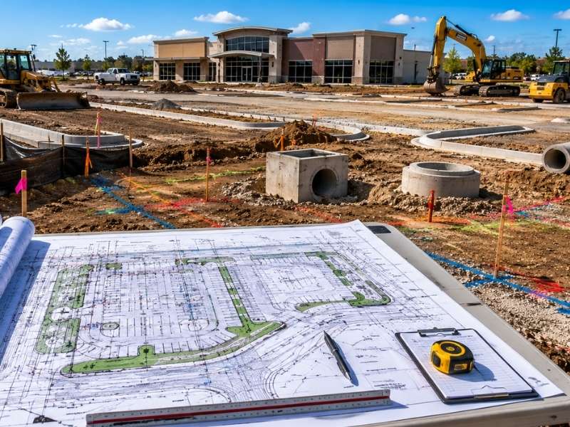 Construction site with a blueprint spread on a clipboard in the foreground and heavy machinery, a building under construction in the background.