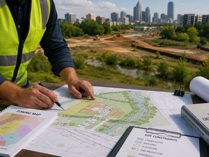 Land planning professional reviewing zoning maps, environmental constraints, and site development plans before starting a new development project
