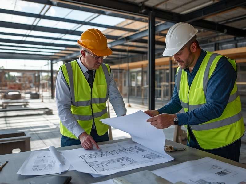 Construction professionals reviewing retail site plans and building layouts during the permitting and design phase of a commercial project