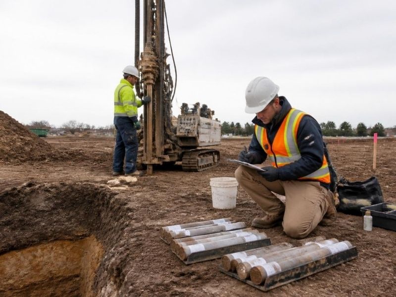 Geotechnical engineer examining soil samples beside a drilling rig at a project site in Atlanta, GA.