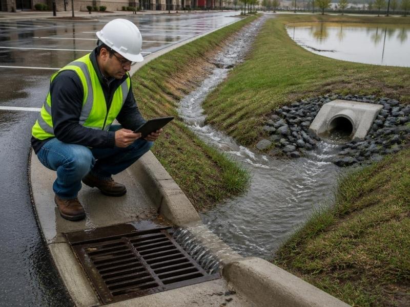Civil engineer inspecting stormwater flow through a curb inlet, grass swale, and detention pond after rainfall.