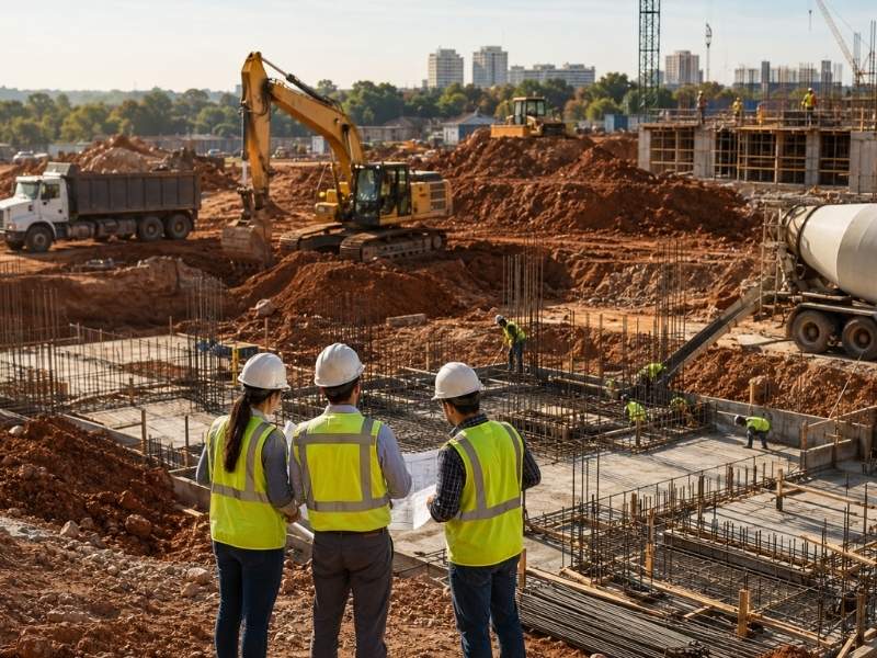 Civil engineers overseeing site preparation with excavation, earthmoving equipment, and foundation construction at a commercial building project.
