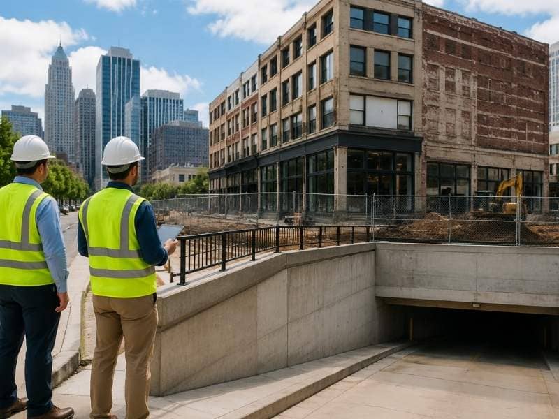 Engineers reviewing a below grade redevelopment site as part of a flood study in Atlanta Georgia