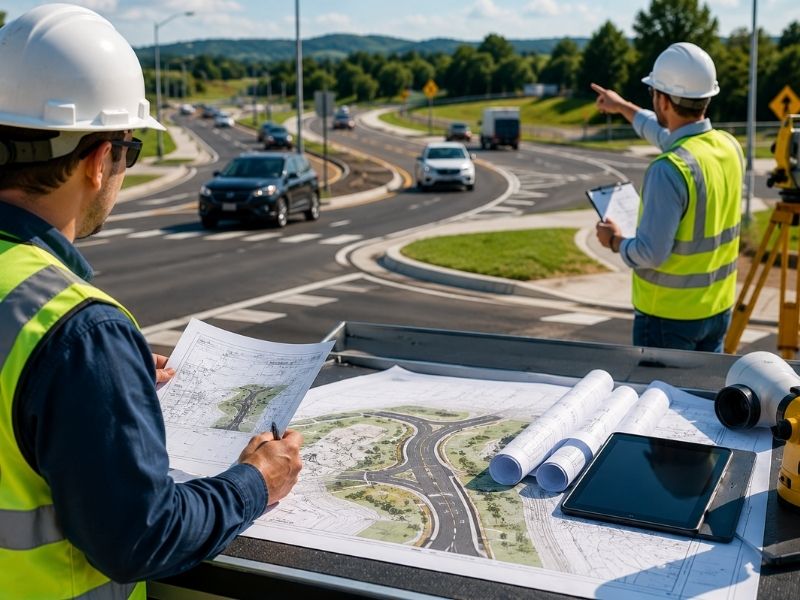 Roadway engineers reviewing a proposed commercial access point in Atlanta, GA using site plans, traffic observations, and surveying equipment before roadway permit approval