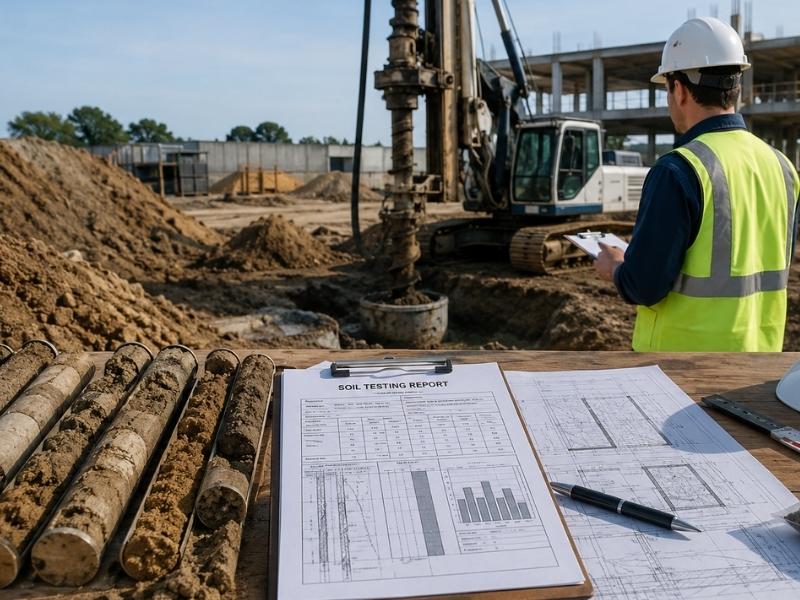 Construction site with a worker in a safety vest and hard hat reviewing soil testing reports on a clipboard beside drilled samples and pipes.