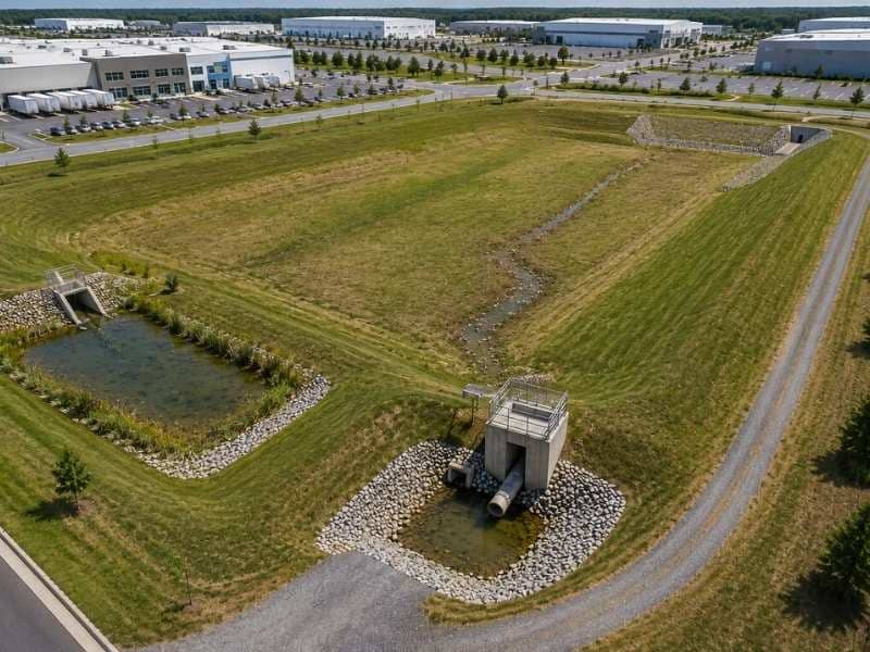 Detention pond design features for large properties showing a dry stormwater basin with a forebay, outlet structure, spillway, and maintenance access road at a commercial site.
