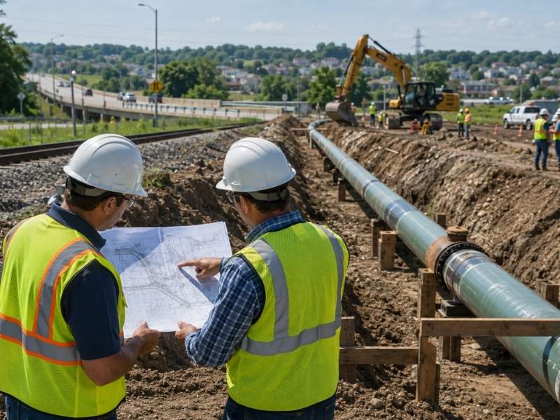 Pipeline engineering needs for expanding infrastructure showing engineers reviewing plans beside an active pipeline installation near a road and rail corridor
