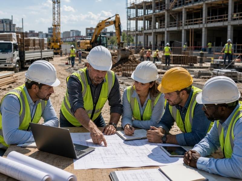  Project management tasks that support construction teams showing managers reviewing plans while crews, deliveries, and equipment operate on site