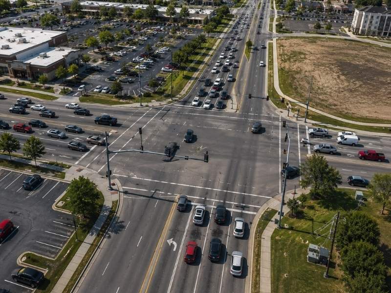 Aerial view of a busy commercial intersection in Atlanta, GA showing traffic flow along a major corridor near a proposed development site.