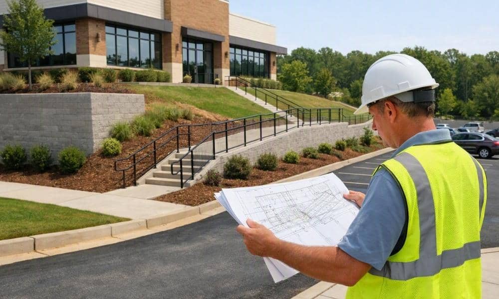 Civil engineer reviewing a grading plan at a terraced commercial site with retaining walls, ramps, and parking in Fulton County, Georgia