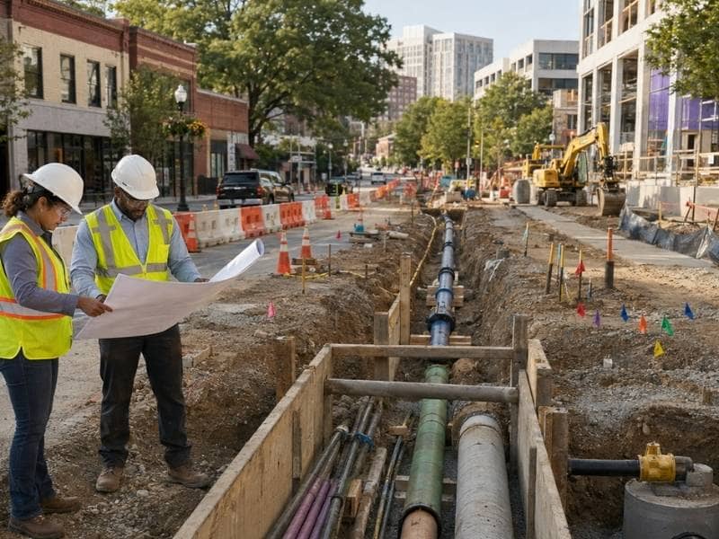 A land development engineer reviews phased utility relocation work along an Atlanta redevelopment corridor