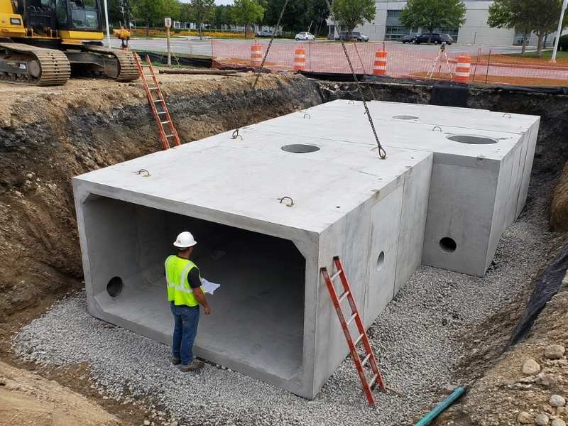 Professional Engineer Underground Detention Vault Atlanta - Atlanta Civil Engineering Professional engineer inspecting an underground detention vault during construction in Atlanta